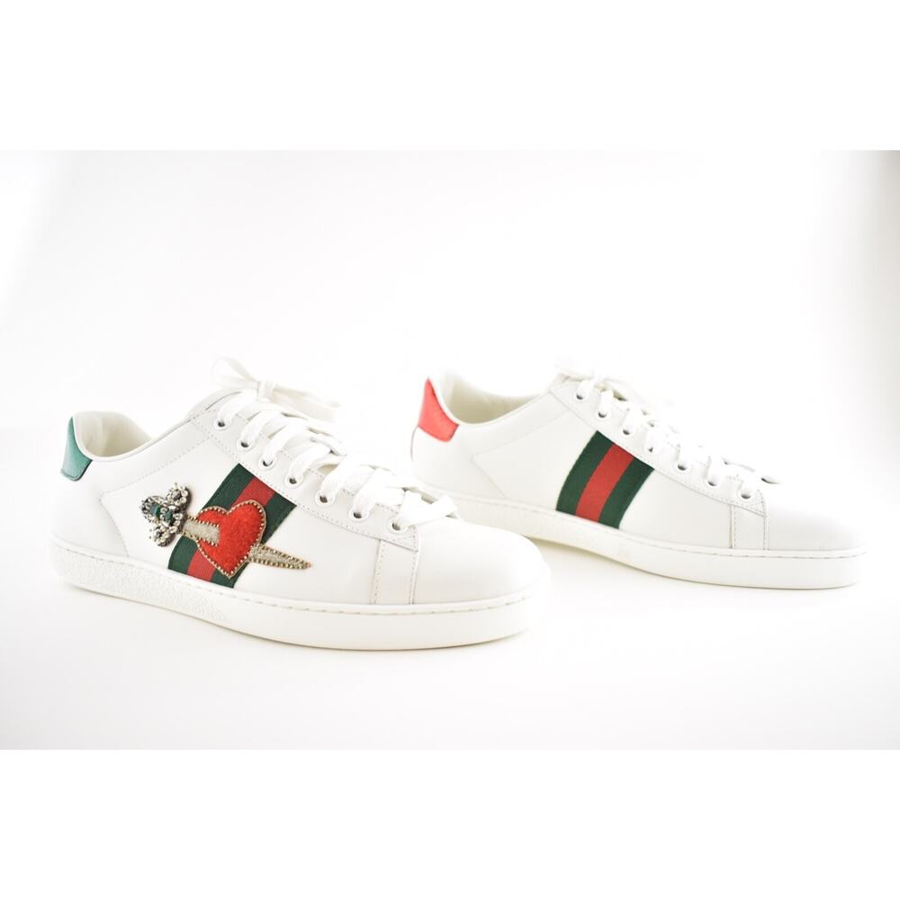 Gucci New Ace White Leather Red Heart Dagger Sword GG Flat Trainer Sneaker 41.5 - Picture 5 of 12